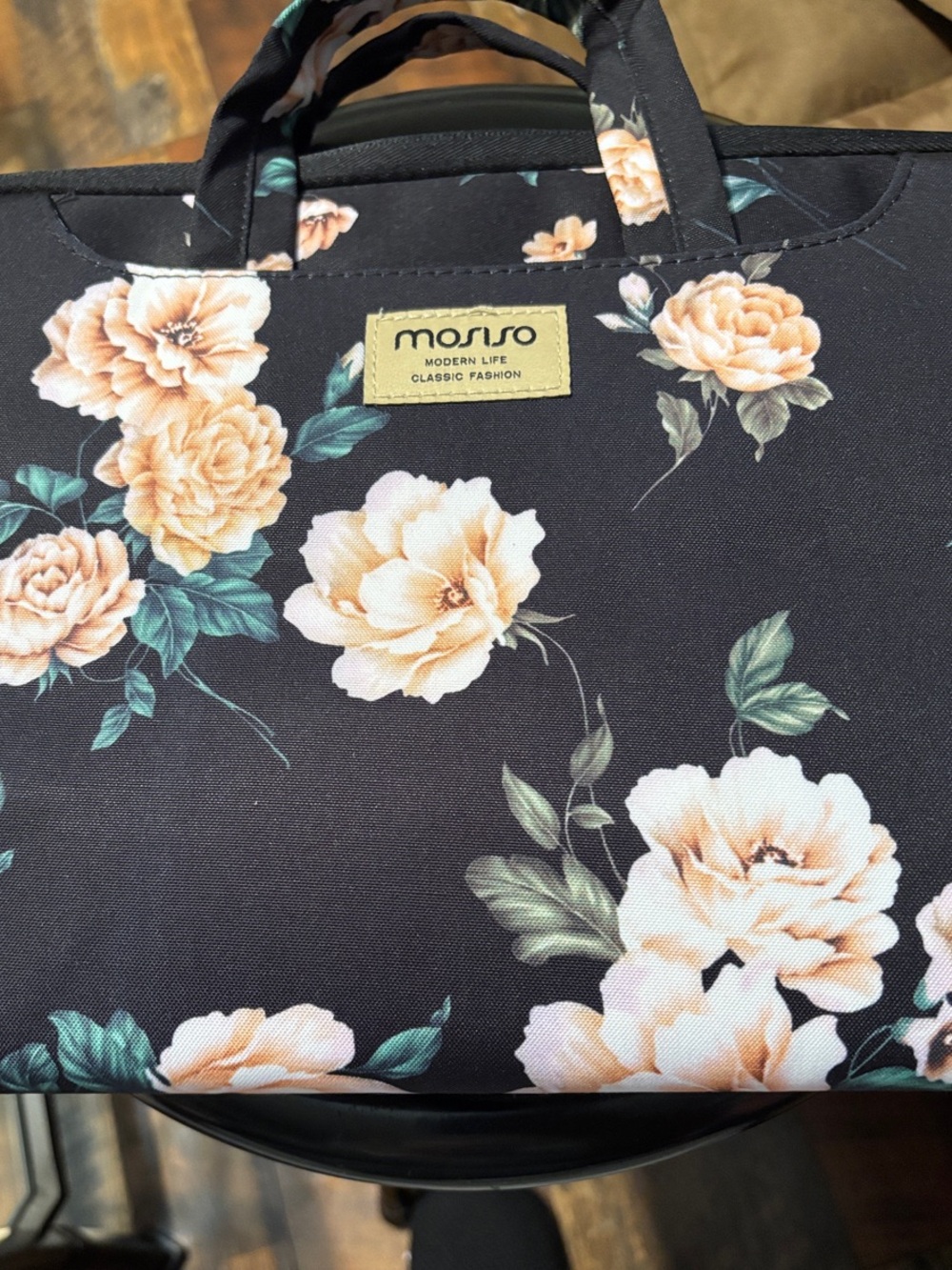 MOSISO Black Laptop Tote Bag with Peach Floral Print